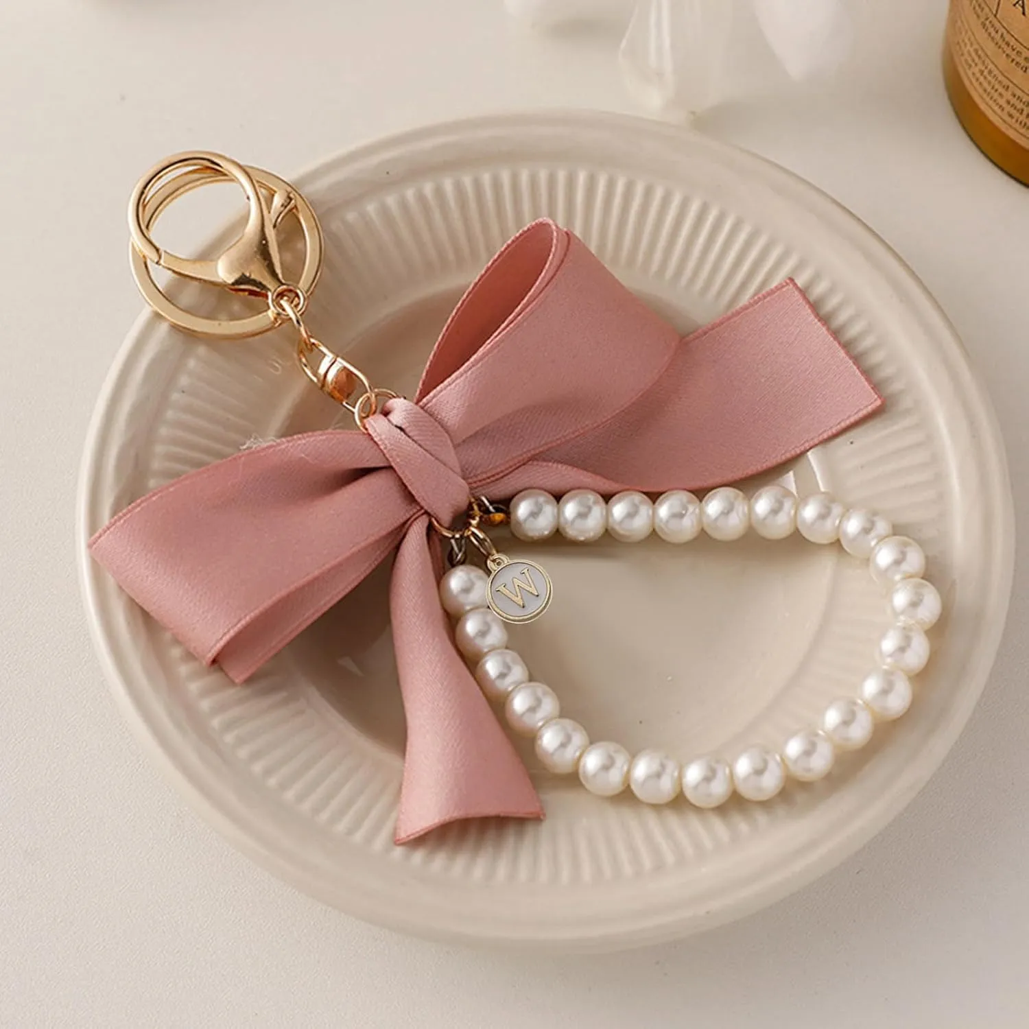 SMUOBT Bow Keychain - Initial Keychain for Women, Cute Pearl Key Chains for Car Keys, Accessories