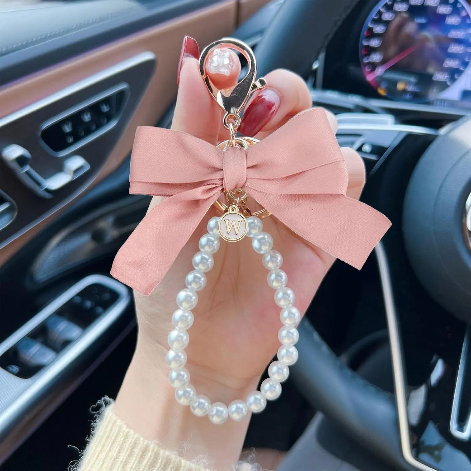 SMUOBT Bow Keychain - Initial Keychain for Women, Cute Pearl Key Chains for Car Keys, Accessories