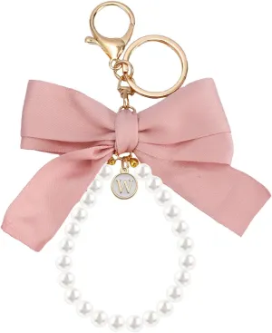 SMUOBT Bow Keychain - Initial Keychain for Women, Cute Pearl Key Chains for Car Keys, Accessories