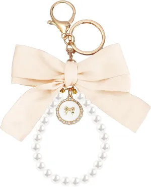SMUOBT Bow Keychain Wristlet for Women - Cute Pearl Key Chains for Car Keys with Aesthetic Accessories