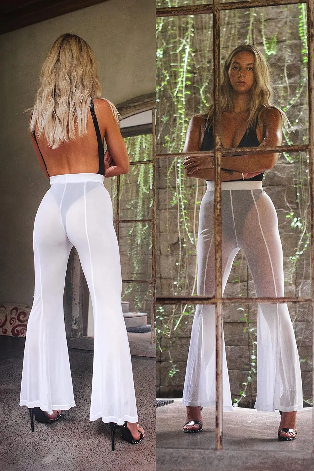 sofsy Women's Mesh Swim Pants | Sheer Bikini Cover Up | Beach & Poolside Rave Pants - Black, Medium
