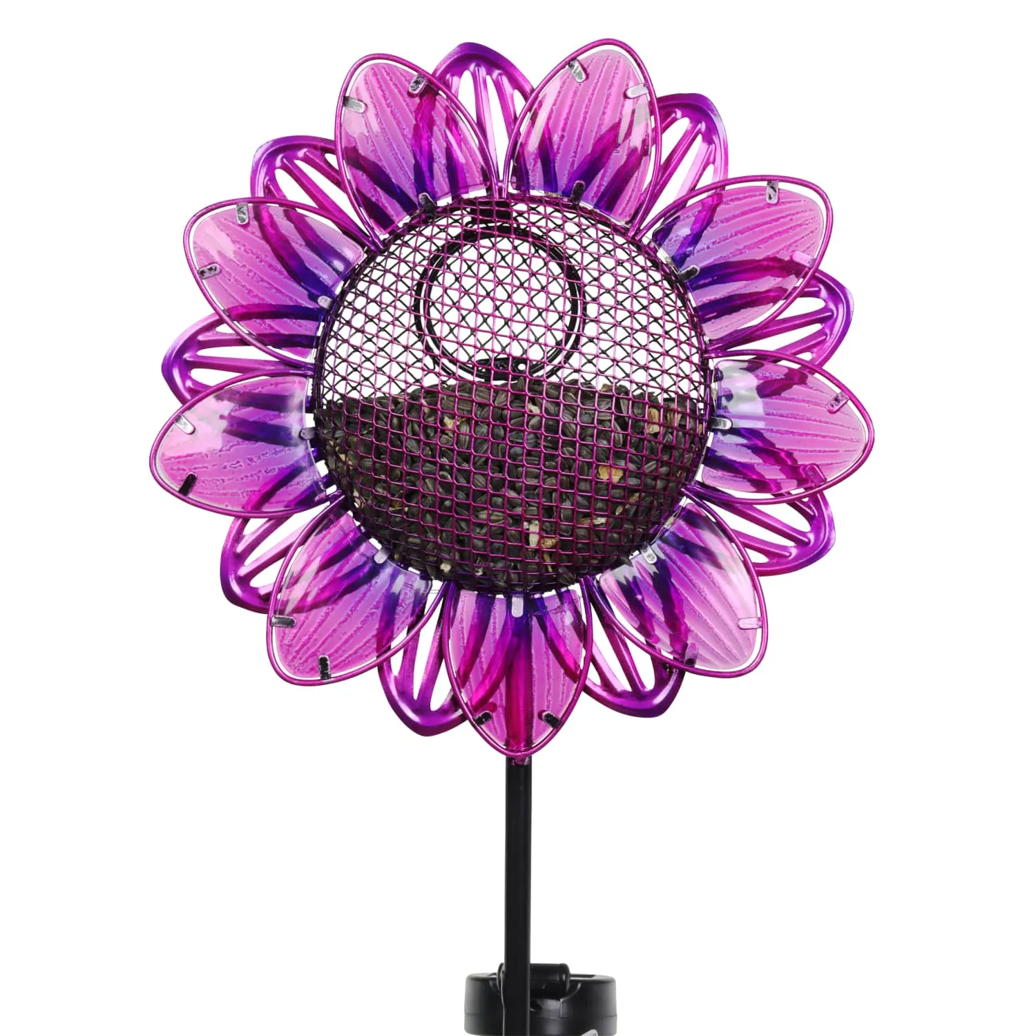 Solar Purple Sunflower Metal and Glass Bird Seed Feeder Garden Stake, 11 by 36 Inches