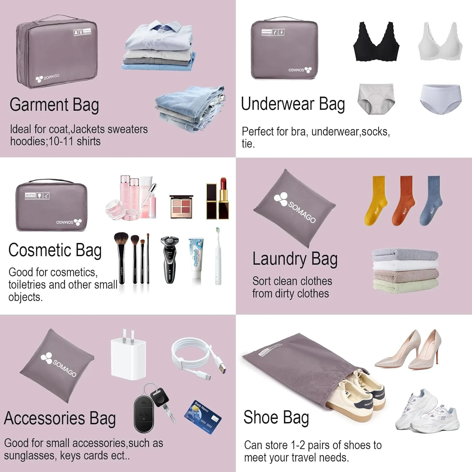 Somago Packing Cubes 6 Set Compression Space Saving Organizers for Suitcases and Luggage with Clothes Shoes Cosmetics Toiletries Storage Bags Travel Essentials (Elegant Purple)