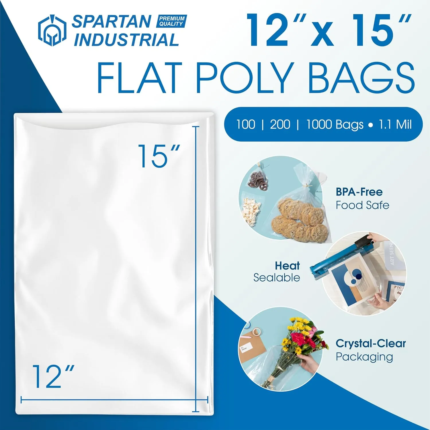 Spartan Industrial - 12 X 15 (1000 Count) 1.1 Mil Flat Open End Clear Plastic Poly Bags - for Proofing Bread Dough, Packaging Clothes, Shirts (Thin & Lightweight - Bags DO NOT Have Seal)