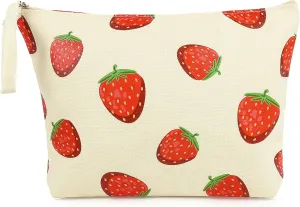 Strawberry Makeup Bag Travel Cosmetic Bag for Women Strawberry Pouch Wallet Purse Strawberry Accessories Gift (Beige)