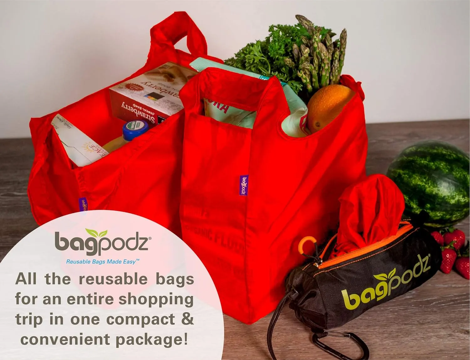 Sturdy Reusable Grocery Bags Foldable and Washable - Made From RipStop Nylon Hold 50lbs - Designed in USA Reusable Shopping Bags Inside a Compact Pod with Carry Clip - 10 Pack in Red