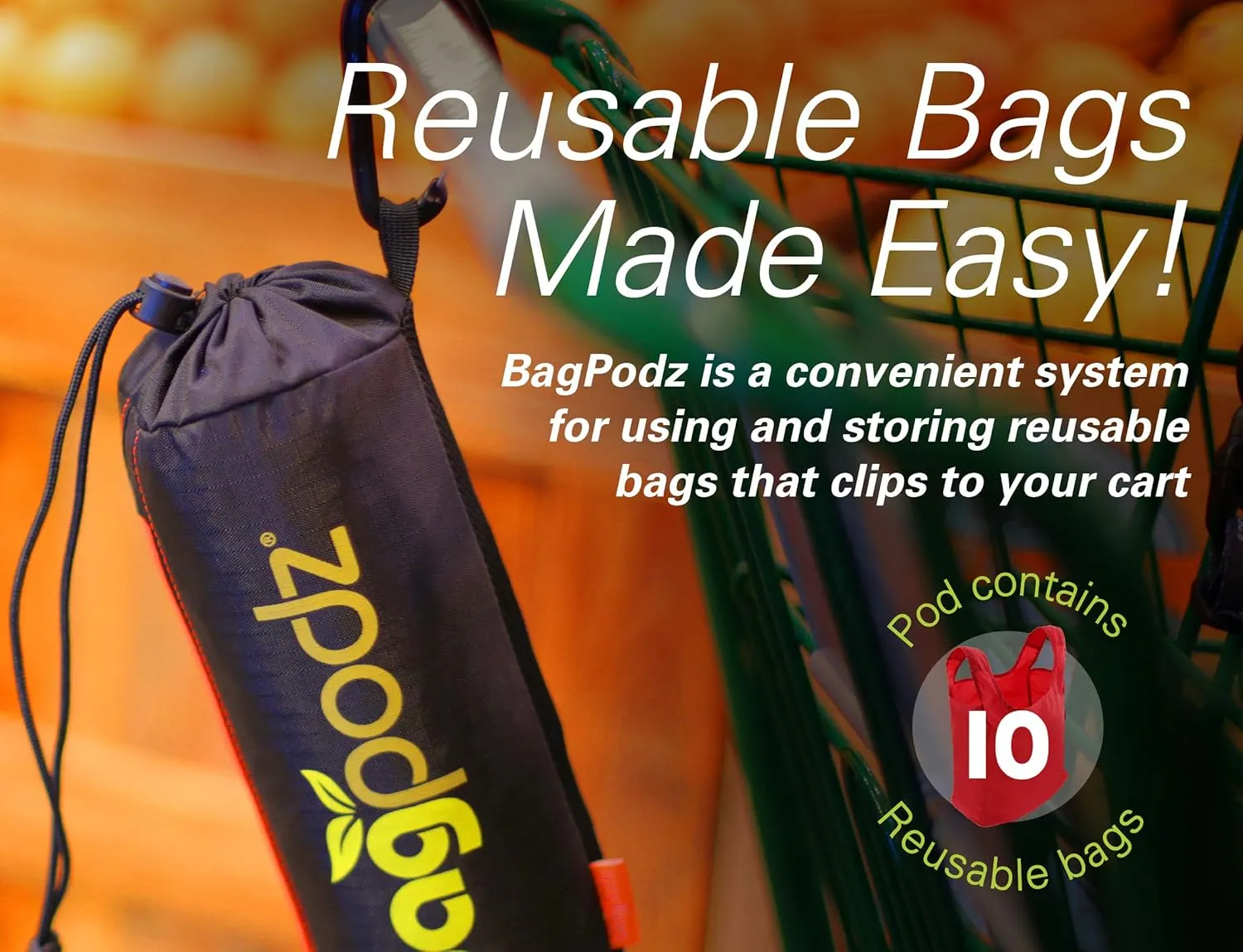 Sturdy Reusable Grocery Bags Foldable and Washable - Made From RipStop Nylon Hold 50lbs - Designed in USA Reusable Shopping Bags Inside a Compact Pod with Carry Clip - 10 Pack in Red
