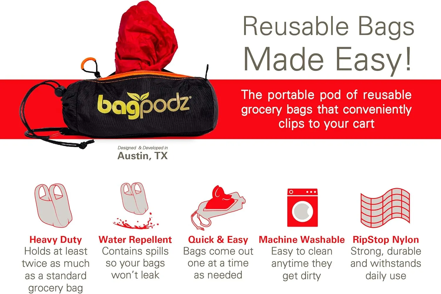Sturdy Reusable Grocery Bags Foldable and Washable - Made From RipStop Nylon Hold 50lbs - Designed in USA Reusable Shopping Bags Inside a Compact Pod with Carry Clip - 10 Pack in Red
