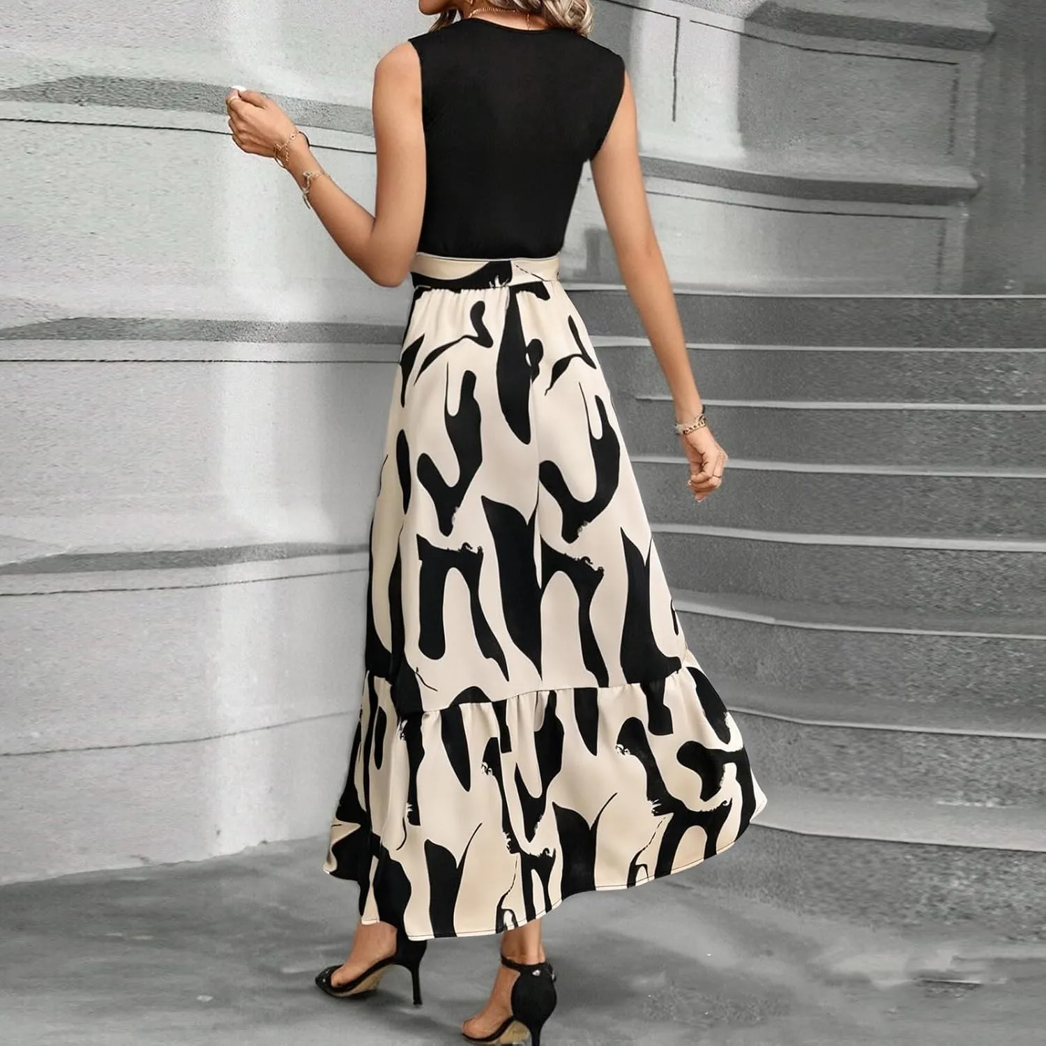 Summer Dresses for Women 2025 Elegant Classy Sleeveless Wrap Floral Maxi Dress Patchwork Tiered a Line Tank Dress