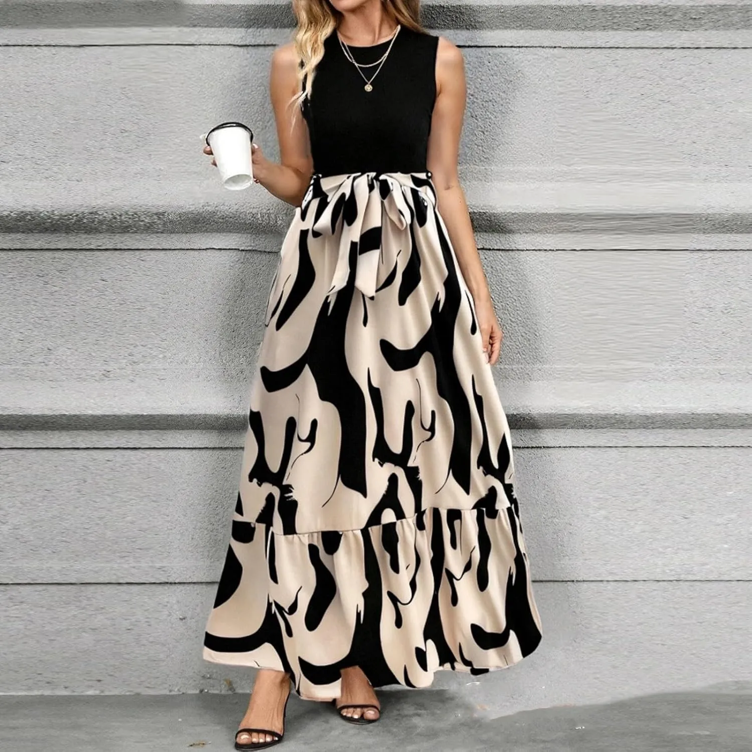 Summer Dresses for Women 2025 Elegant Classy Sleeveless Wrap Floral Maxi Dress Patchwork Tiered a Line Tank Dress