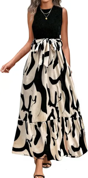 Summer Dresses for Women 2025 Elegant Classy Sleeveless Wrap Floral Maxi Dress Patchwork Tiered a Line Tank Dress