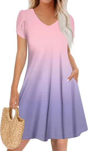 Summer Dresses for Women Summer Midi Boho Hawaiian Sundresses Short Sleeve V Neck Summer Beach Vacation Flowy Dress