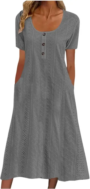 Summer Midi Dresses for Women Trendy Short Sleeve Boho Eyelet Dresses Flowy Casual Swing Beach Sundress with Pockets