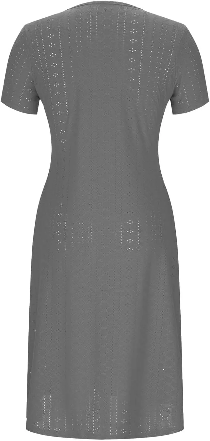 Summer Midi Dresses for Women Trendy Short Sleeve Boho Eyelet Dresses Flowy Casual Swing Beach Sundress with Pockets