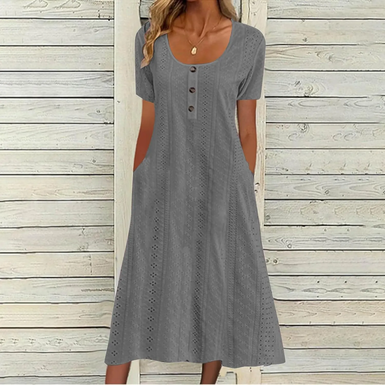 Summer Midi Dresses for Women Trendy Short Sleeve Boho Eyelet Dresses Flowy Casual Swing Beach Sundress with Pockets