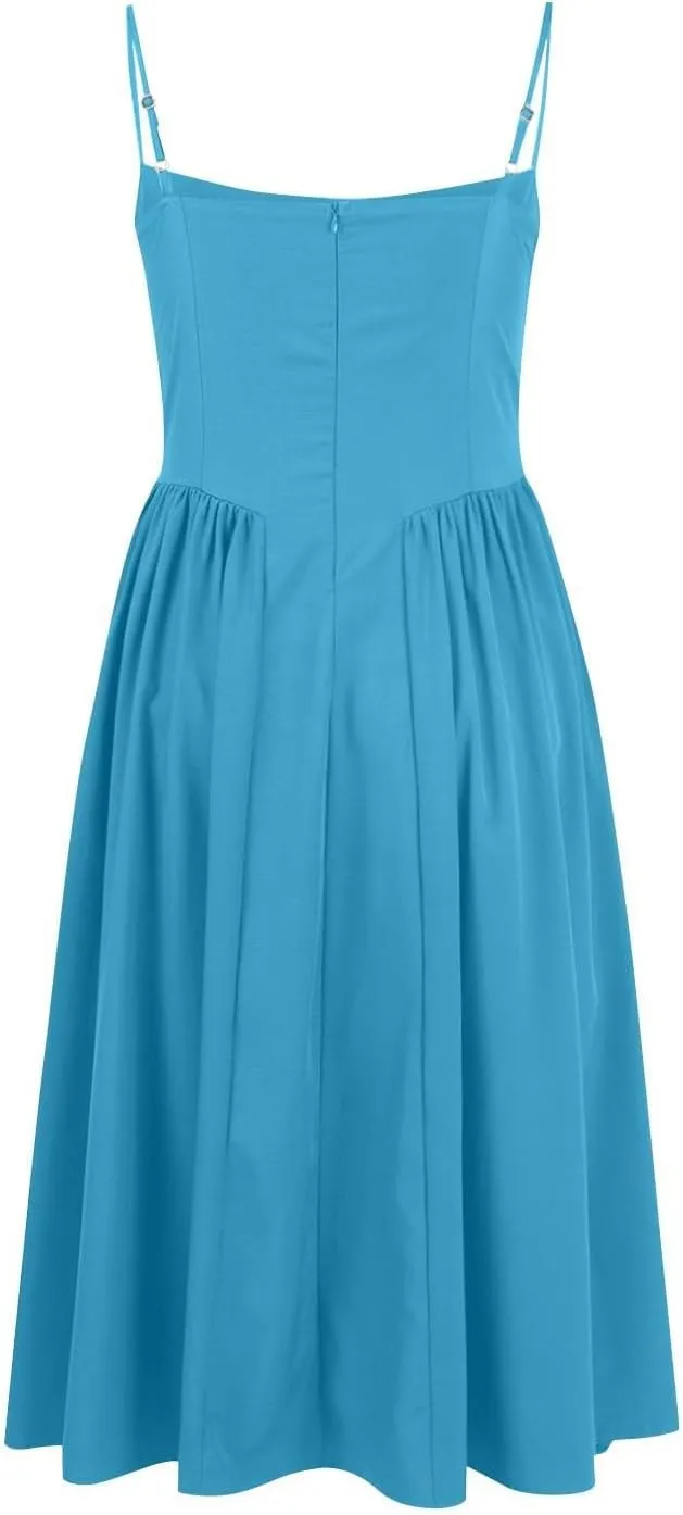 Summer Womens Corset Dress Elegant Spaghetti Strap Bustier Midi Dress Trendy Flowy Pleated Hem Low Cut Prom Dresses