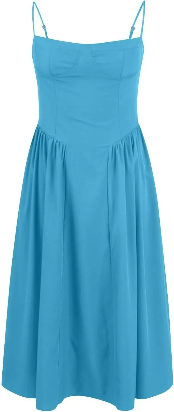 Summer Womens Corset Dress Elegant Spaghetti Strap Bustier Midi Dress Trendy Flowy Pleated Hem Low Cut Prom Dresses