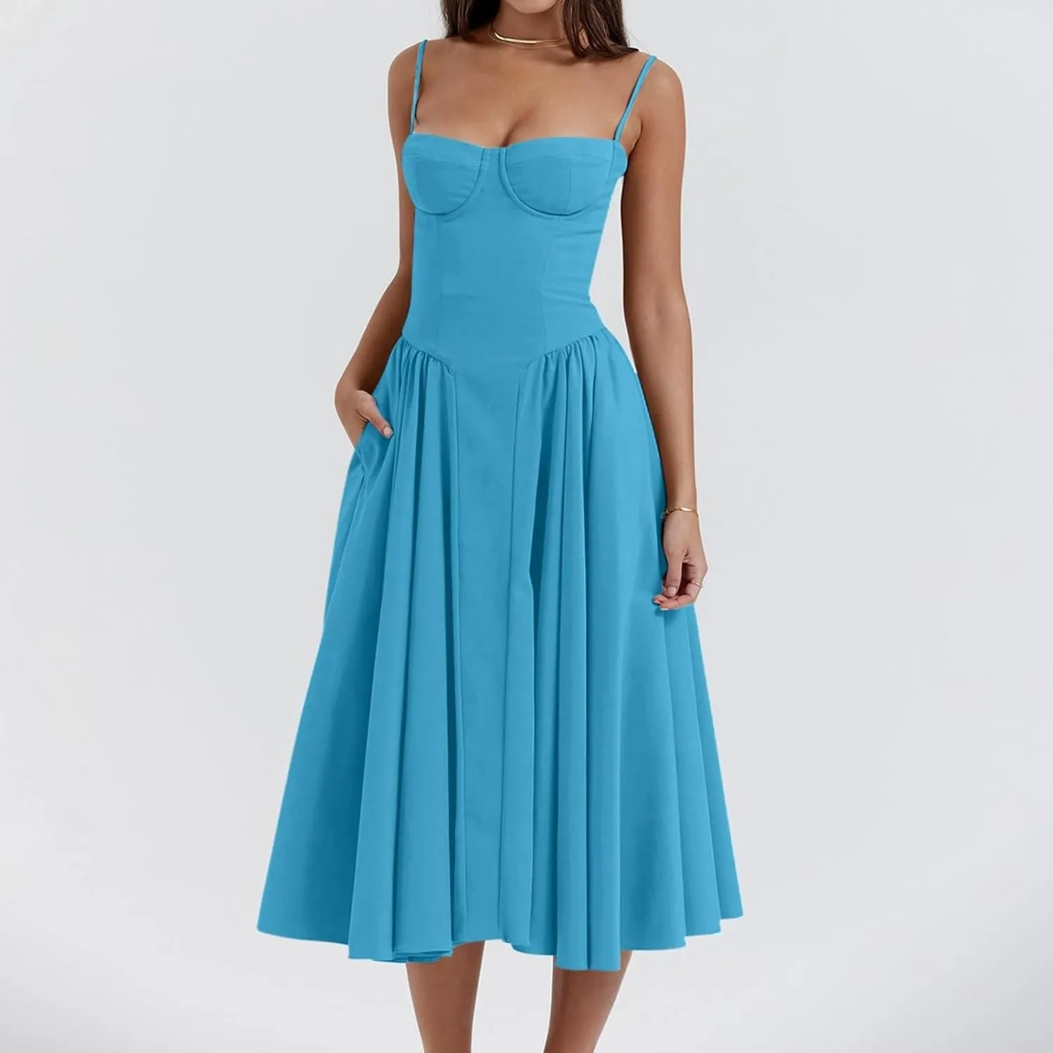 Summer Womens Corset Dress Elegant Spaghetti Strap Bustier Midi Dress Trendy Flowy Pleated Hem Low Cut Prom Dresses