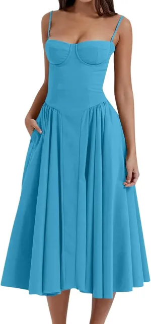 Summer Womens Corset Dress Elegant Spaghetti Strap Bustier Midi Dress Trendy Flowy Pleated Hem Low Cut Prom Dresses