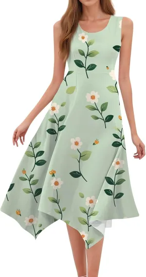 Sundresses for Women Boho Floral Beach Cover Up Midi Dresses Summer Vacation A Line Flowy Swing Sleeveless Dress