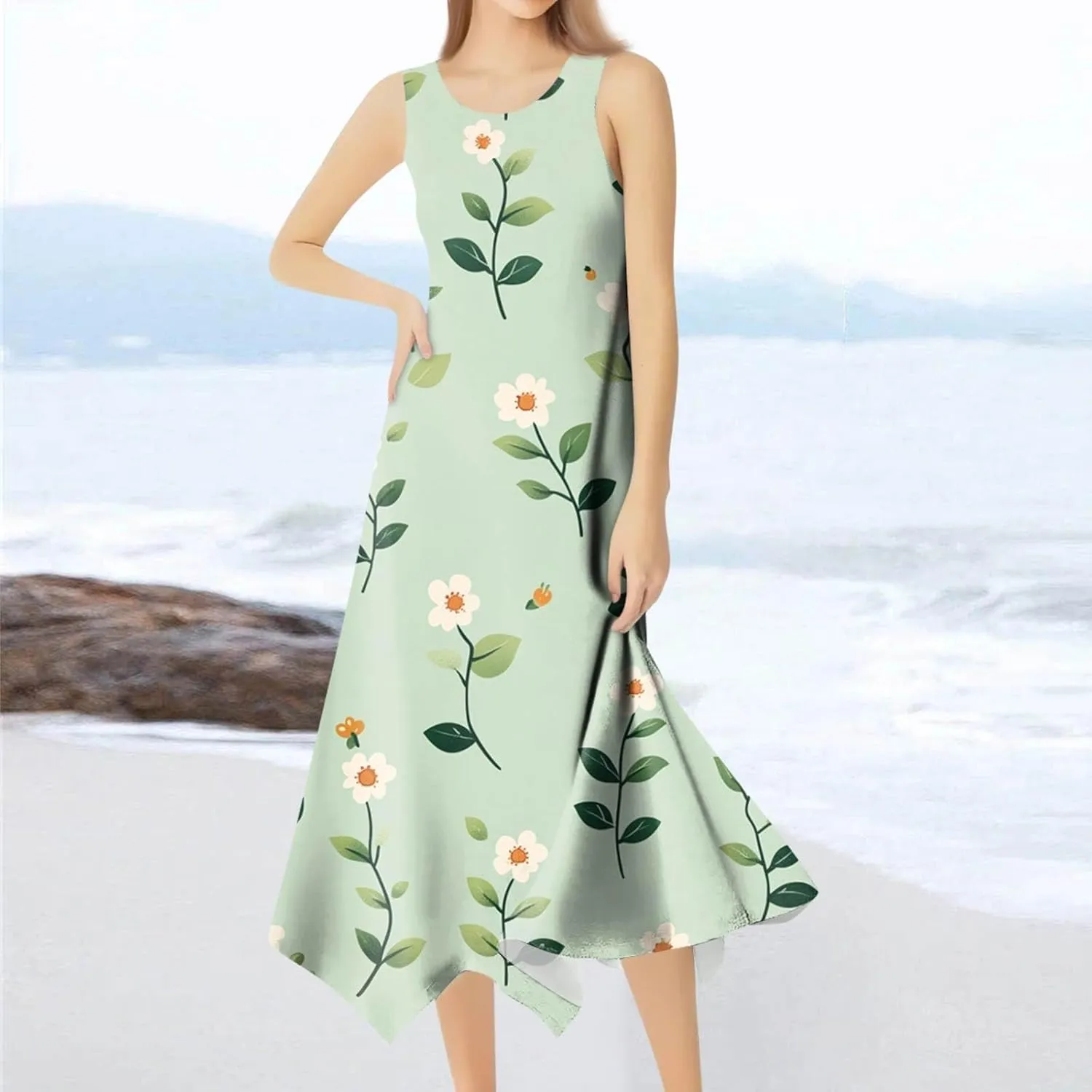 Sundresses for Women Boho Floral Beach Cover Up Midi Dresses Summer Vacation A Line Flowy Swing Sleeveless Dress