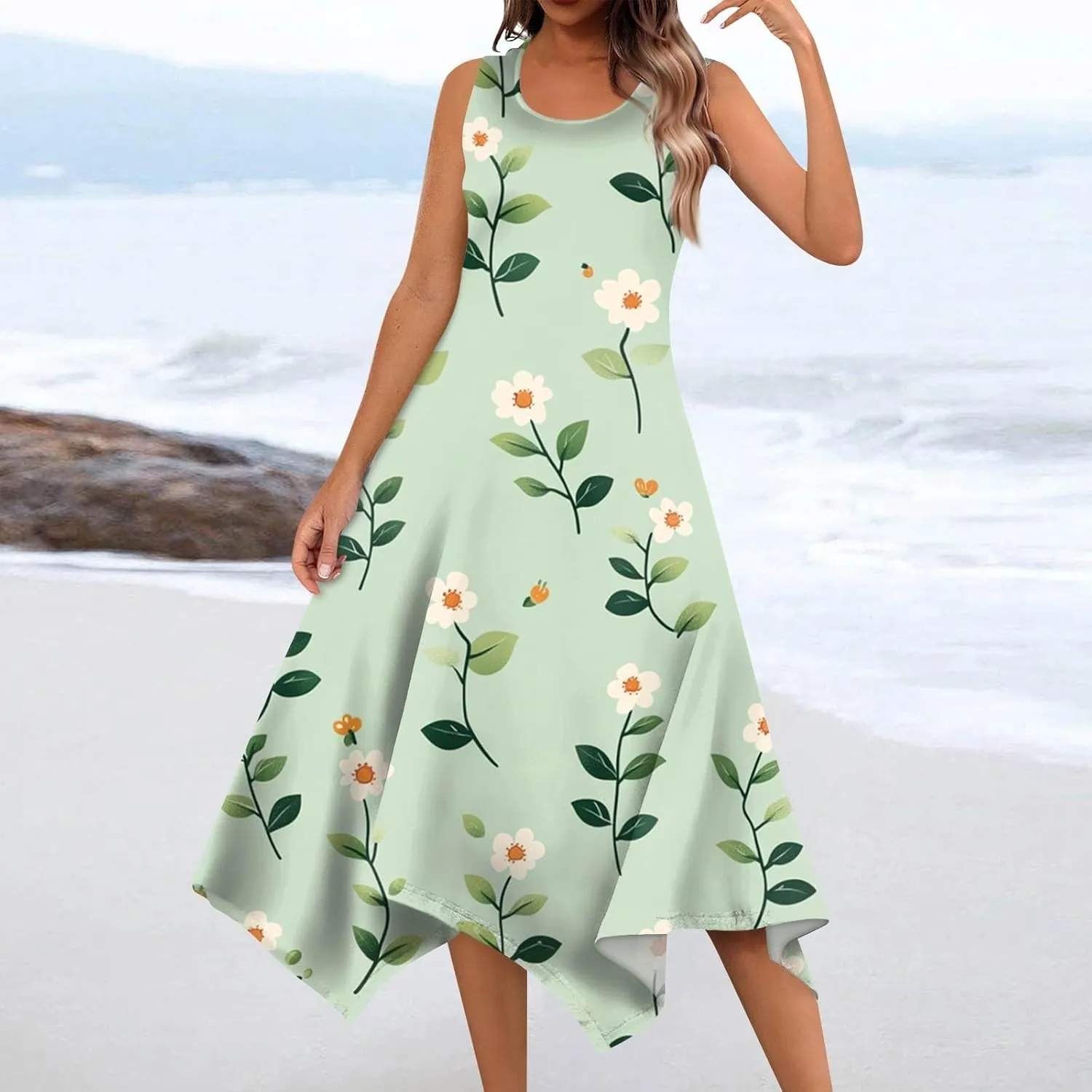 Sundresses for Women Boho Floral Beach Cover Up Midi Dresses Summer Vacation A Line Flowy Swing Sleeveless Dress
