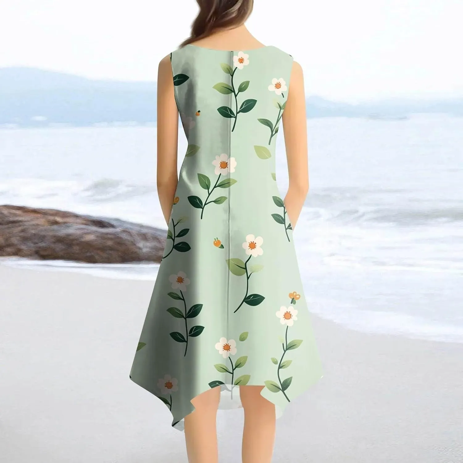 Sundresses for Women Boho Floral Beach Cover Up Midi Dresses Summer Vacation A Line Flowy Swing Sleeveless Dress