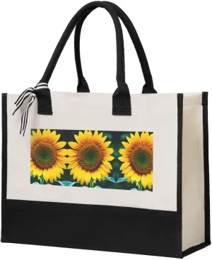 Sunflower Pattern Christmas Tote Bags With Handles Canvas Reusable Gift Bag For Women Shopping Holiday Travel