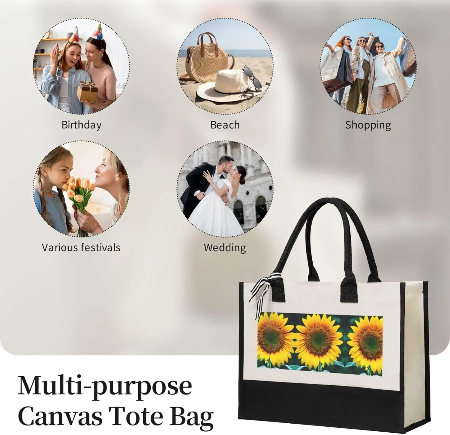 Sunflower Pattern Christmas Tote Bags With Handles Canvas Reusable Gift Bag For Women Shopping Holiday Travel