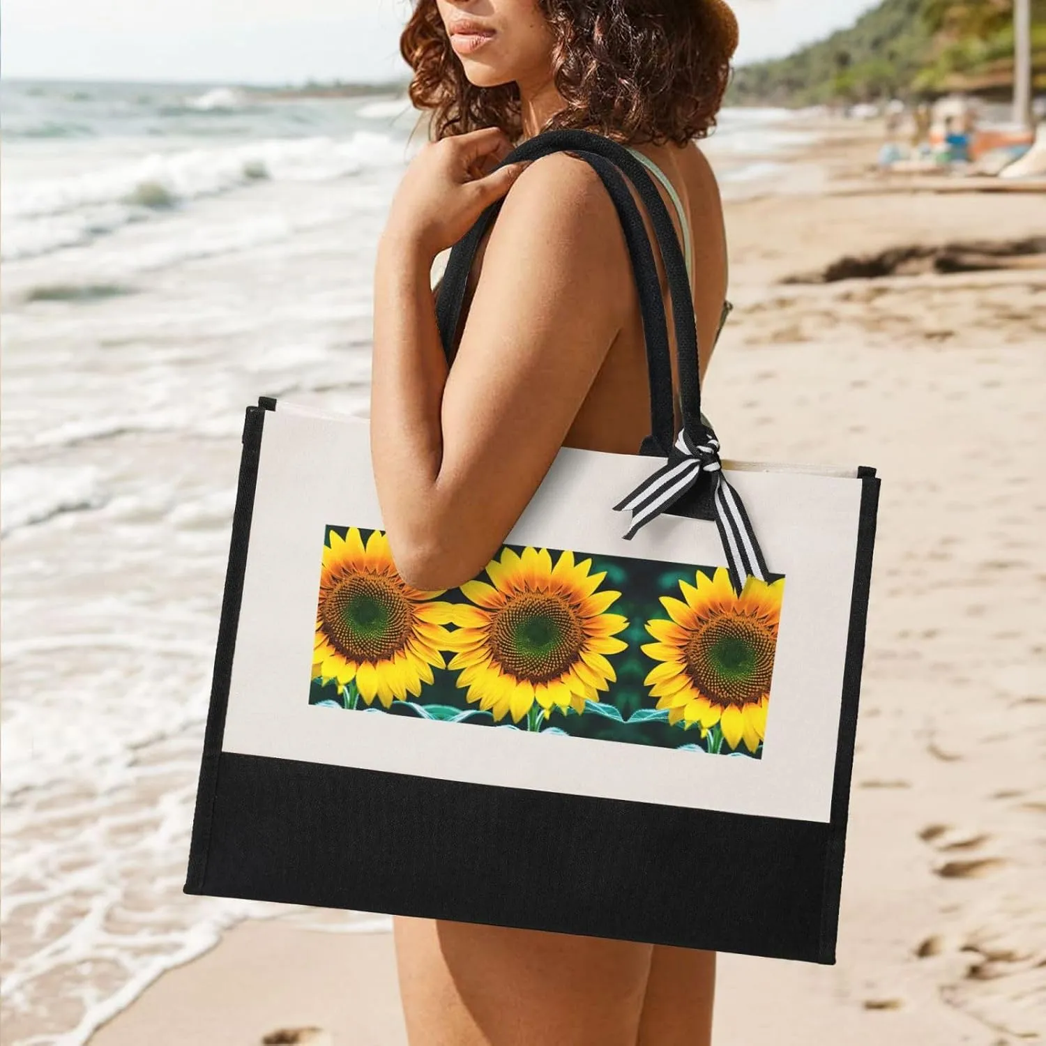 Sunflower Pattern Christmas Tote Bags With Handles Canvas Reusable Gift Bag For Women Shopping Holiday Travel