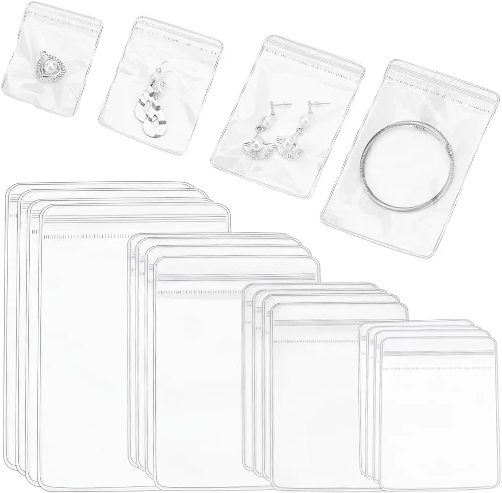 SUNNYCLUE 120Pcs 4 Sizes Clear Self Seal Jewelry Bags PVC Jewelry Storage Bag Antitarnish Transparent Small Zipper Lock Packing Ziplock Pouch Organizer Bags for Storing Bracelet Ring Earring Necklace