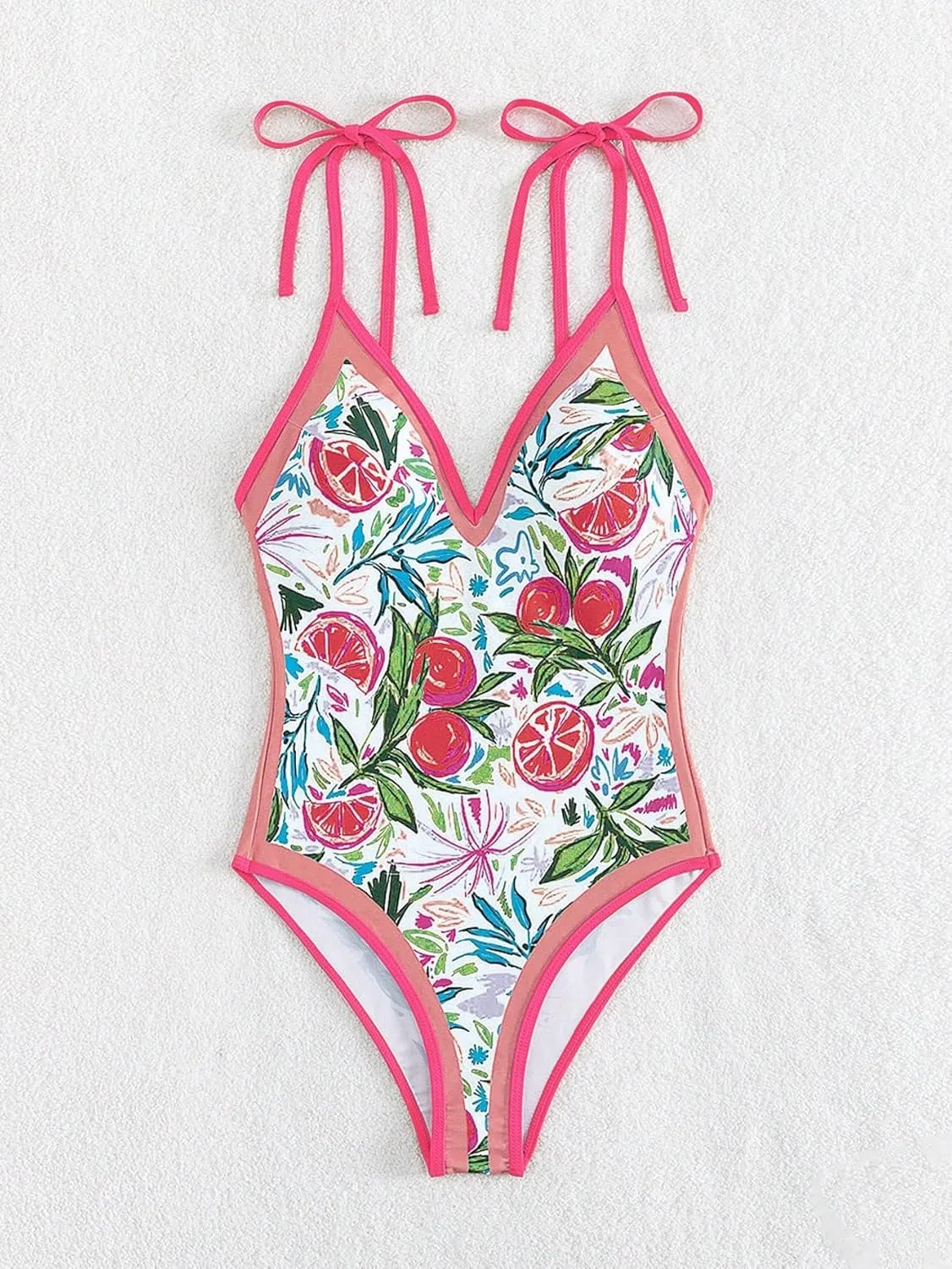 SweatyRocks Women's Swimwear Graphic Print Tie Shoulder Monokini Tummy Control One Piece Swimsuit