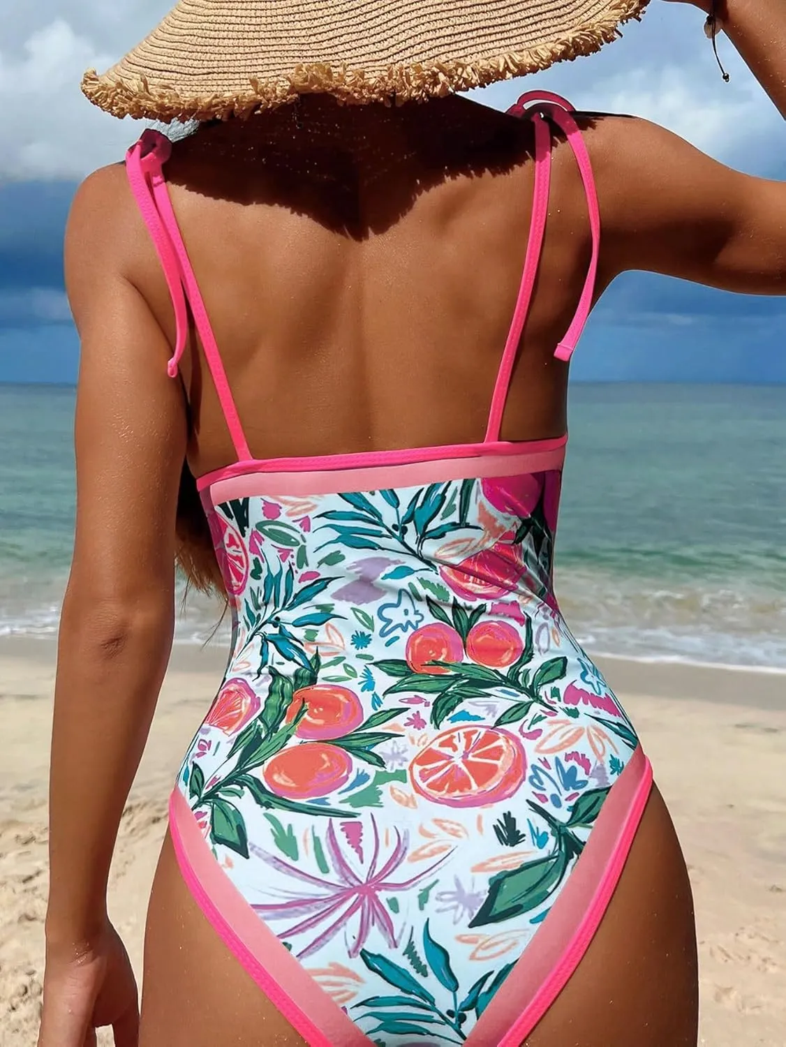 SweatyRocks Women's Swimwear Graphic Print Tie Shoulder Monokini Tummy Control One Piece Swimsuit