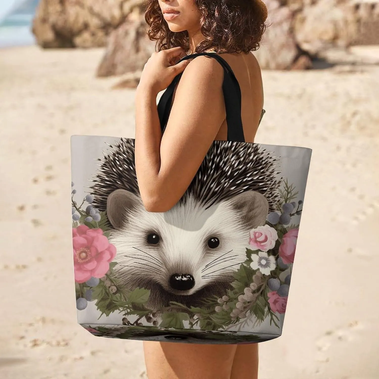Teal Gray Rose Beach Bag Reusable Tote Bag Foldable Grocery Bags Women Shopping Bags for Daily Essentials