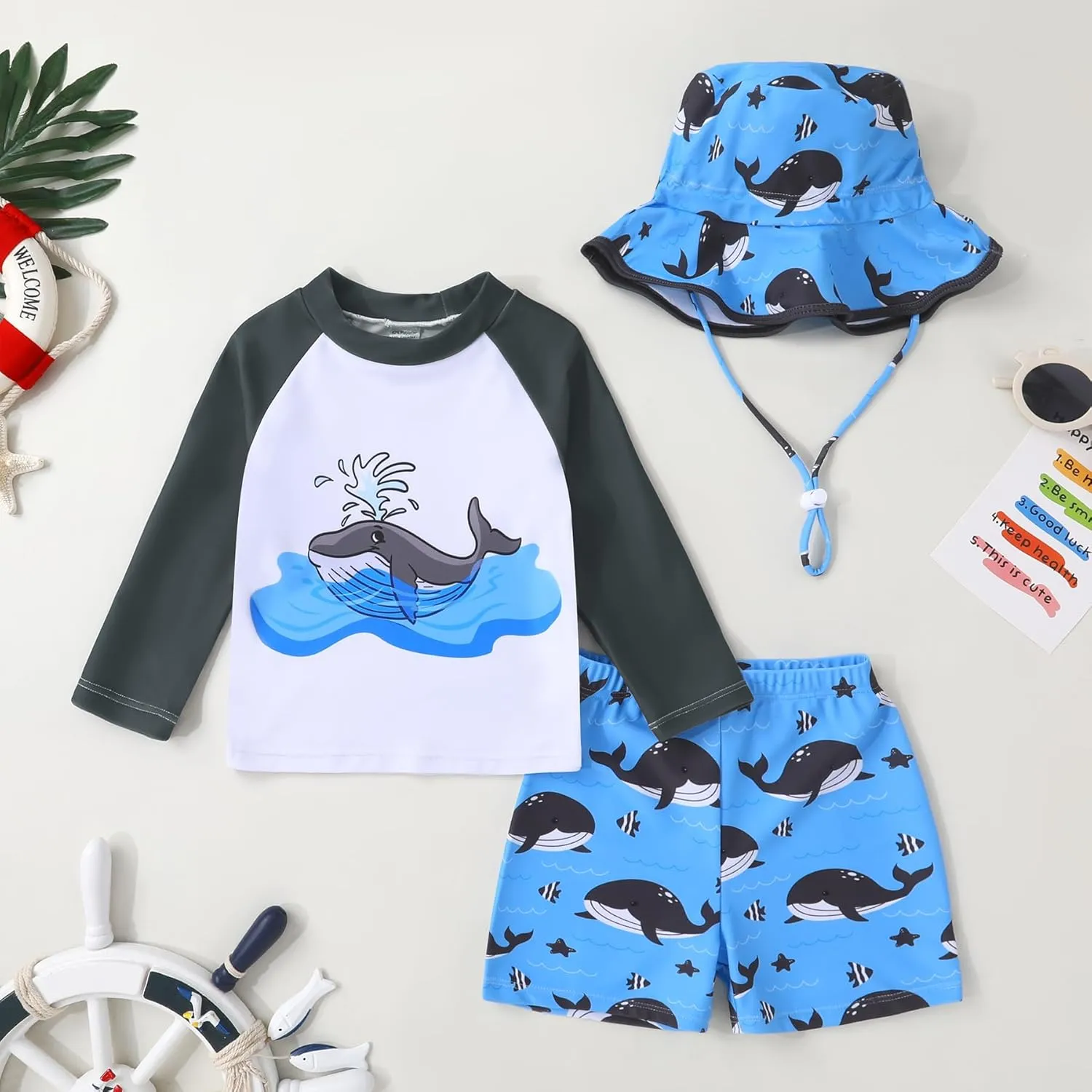 Toddler Baby Boy Swimwear Long Sleeve Rashguard Swimsuit with Sun Hat Cartoon Animal Bathing Suit