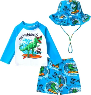 Toddler Baby Boy Swimwear Long Sleeve Rashguard Swimsuit with Sun Hat Cartoon Animal Bathing Suit