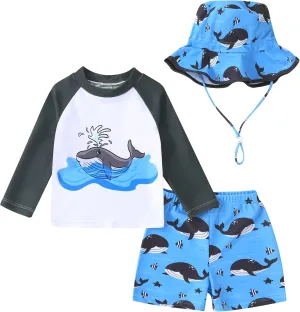Toddler Baby Boy Swimwear Long Sleeve Rashguard Swimsuit with Sun Hat Cartoon Animal Bathing Suit