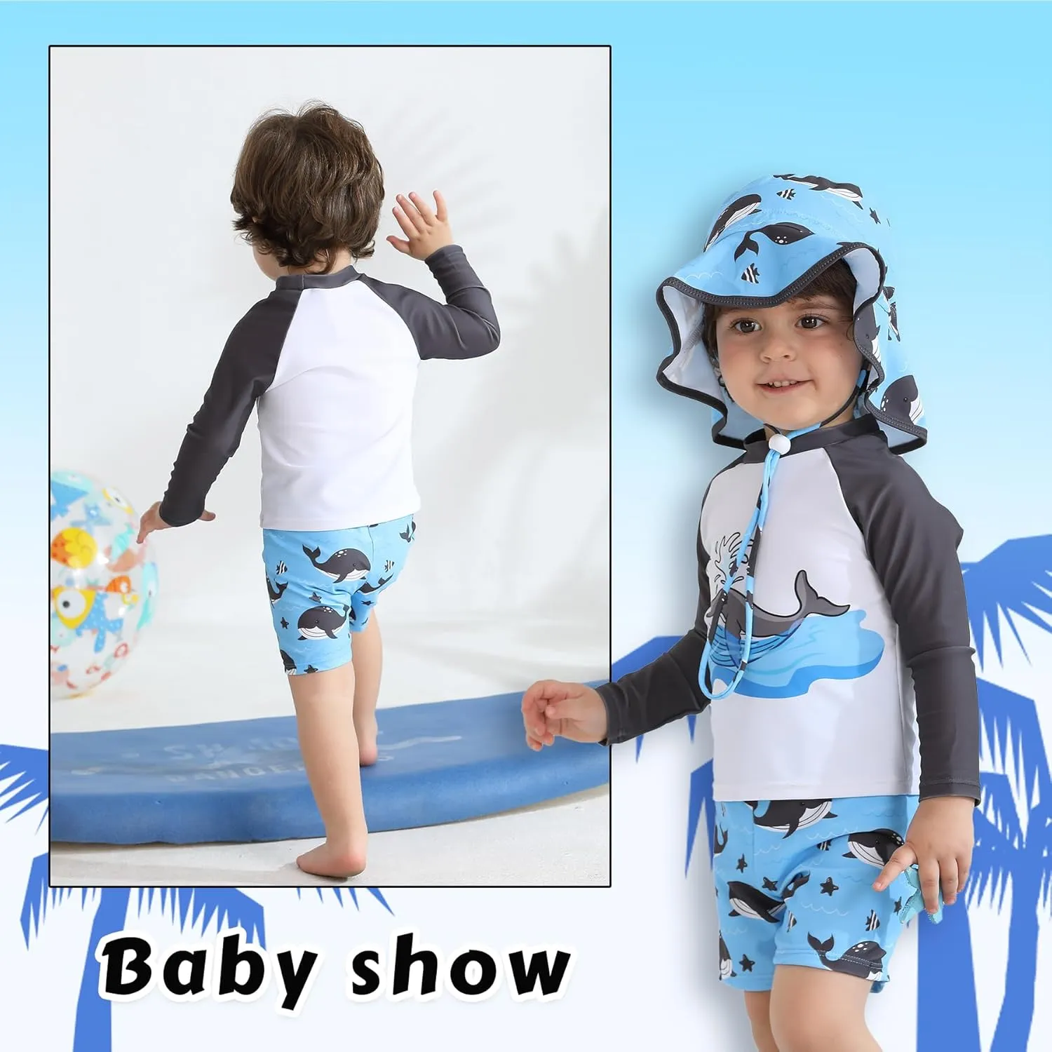 Toddler Baby Boy Swimwear Long Sleeve Rashguard Swimsuit with Sun Hat Cartoon Animal Bathing Suit