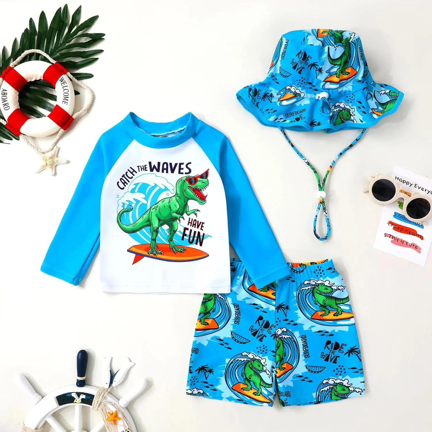 Toddler Baby Boy Swimwear Long Sleeve Rashguard Swimsuit with Sun Hat Cartoon Animal Bathing Suit
