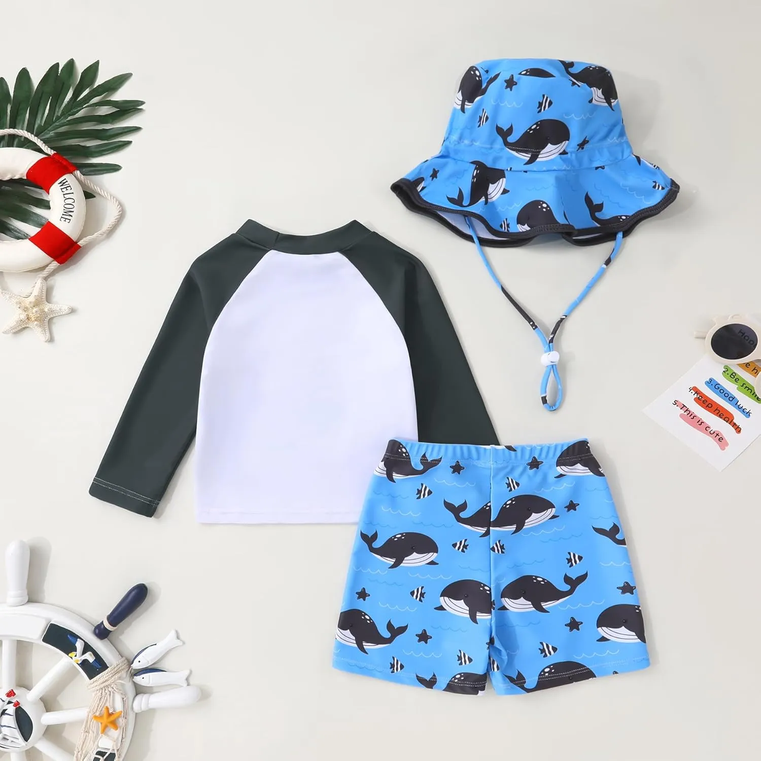 Toddler Baby Boy Swimwear Long Sleeve Rashguard Swimsuit with Sun Hat Cartoon Animal Bathing Suit