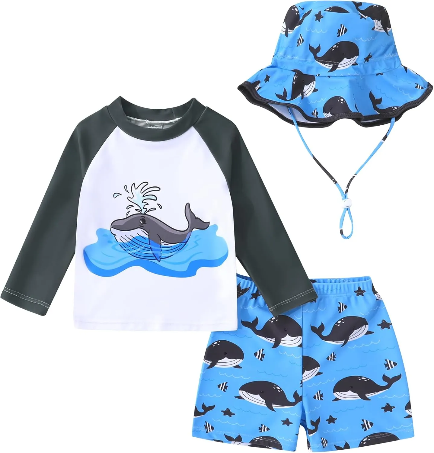 Toddler Baby Boy Swimwear Long Sleeve Rashguard Swimsuit with Sun Hat Cartoon Animal Bathing Suit