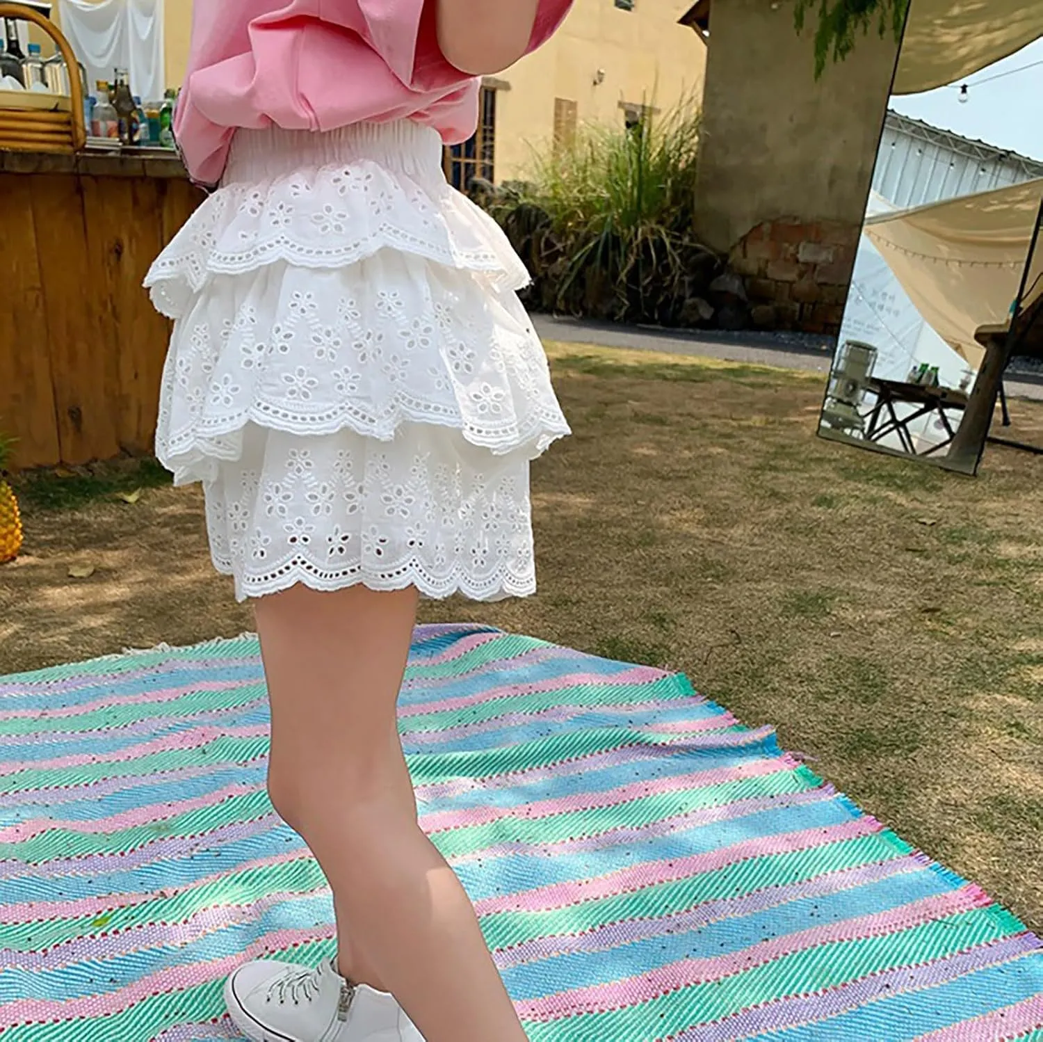 Toddler Girls Elastic Waist Mini Skort Flared Pleated Ruffle Short Tutu Skirts 2-Layer Ruffle Tiered Shorts