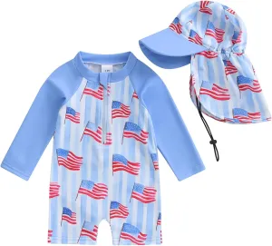 Toddler Infant Baby Boy 4th of July Swimsuit Newborn Rash Guard Boys Girls One Piece Zipper Bathing Suit Swimwear with Hat