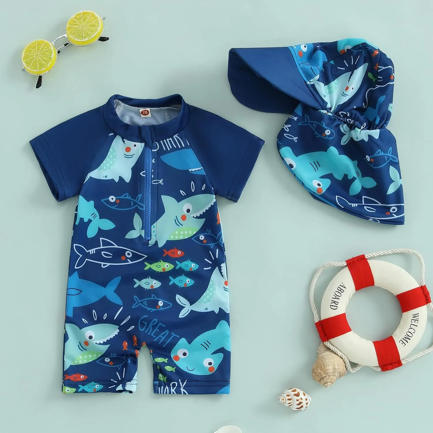 Toddler Infant Baby Boy 4th of July Swimsuit Newborn Rash Guard Boys Girls One Piece Zipper Bathing Suit Swimwear with Hat