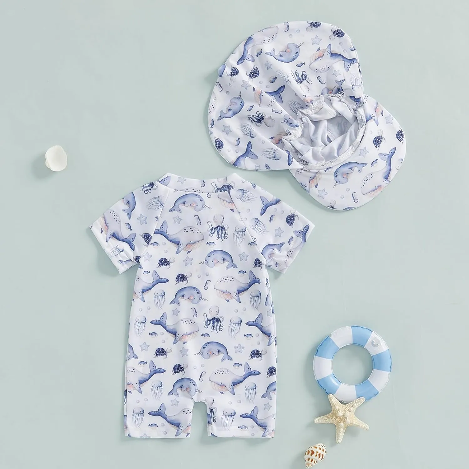 Toddler Infant Baby Boy 4th of July Swimsuit Newborn Rash Guard Boys Girls One Piece Zipper Bathing Suit Swimwear with Hat