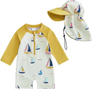 Toddler Infant Baby Boy 4th of July Swimsuit Newborn Rash Guard Boys Girls One Piece Zipper Bathing Suit Swimwear with Hat