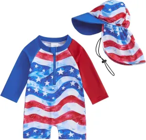 Toddler Infant Baby Boy 4th of July Swimsuit Newborn Rash Guard Boys Girls One Piece Zipper Bathing Suit Swimwear with Hat
