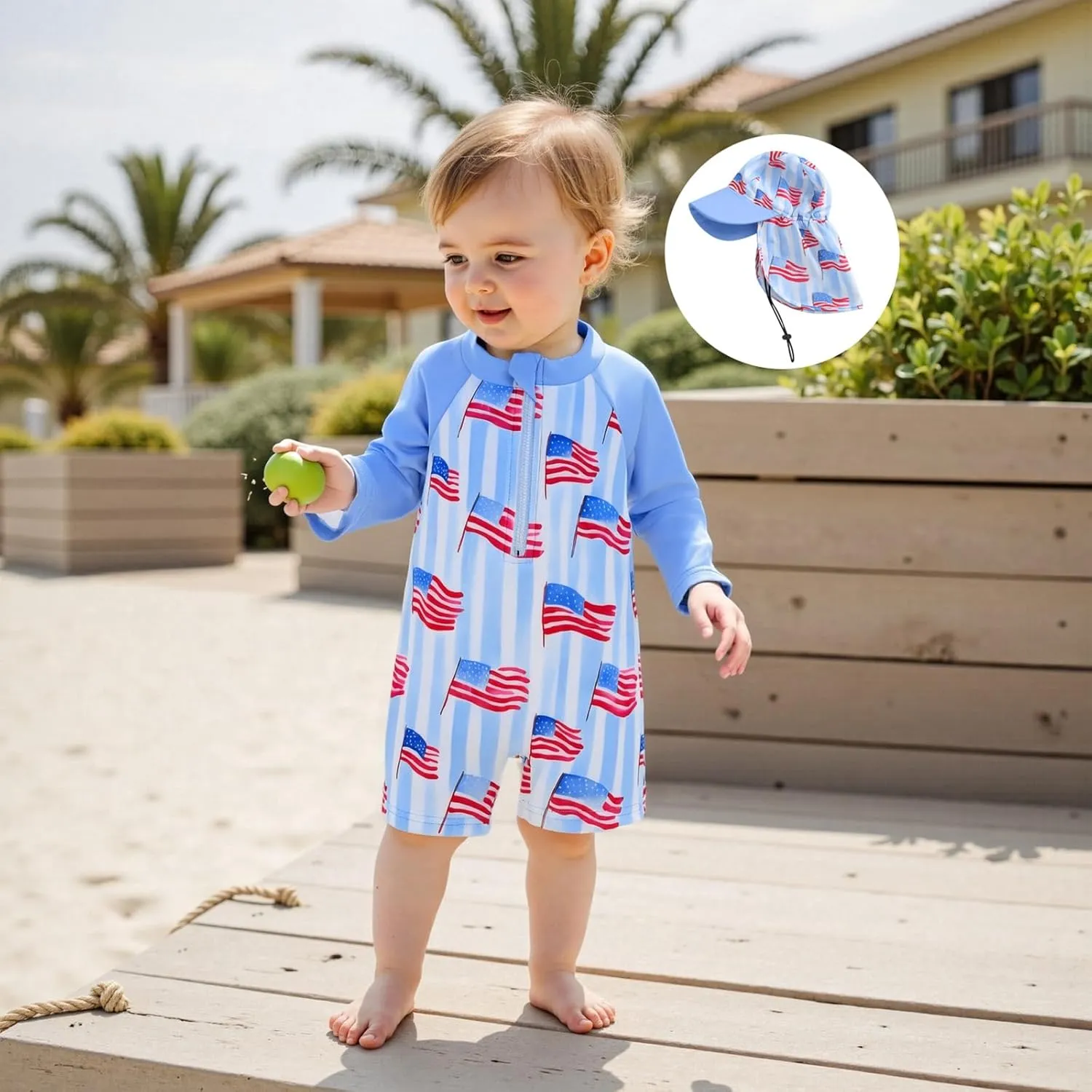 Toddler Infant Baby Boy 4th of July Swimsuit Newborn Rash Guard Boys Girls One Piece Zipper Bathing Suit Swimwear with Hat