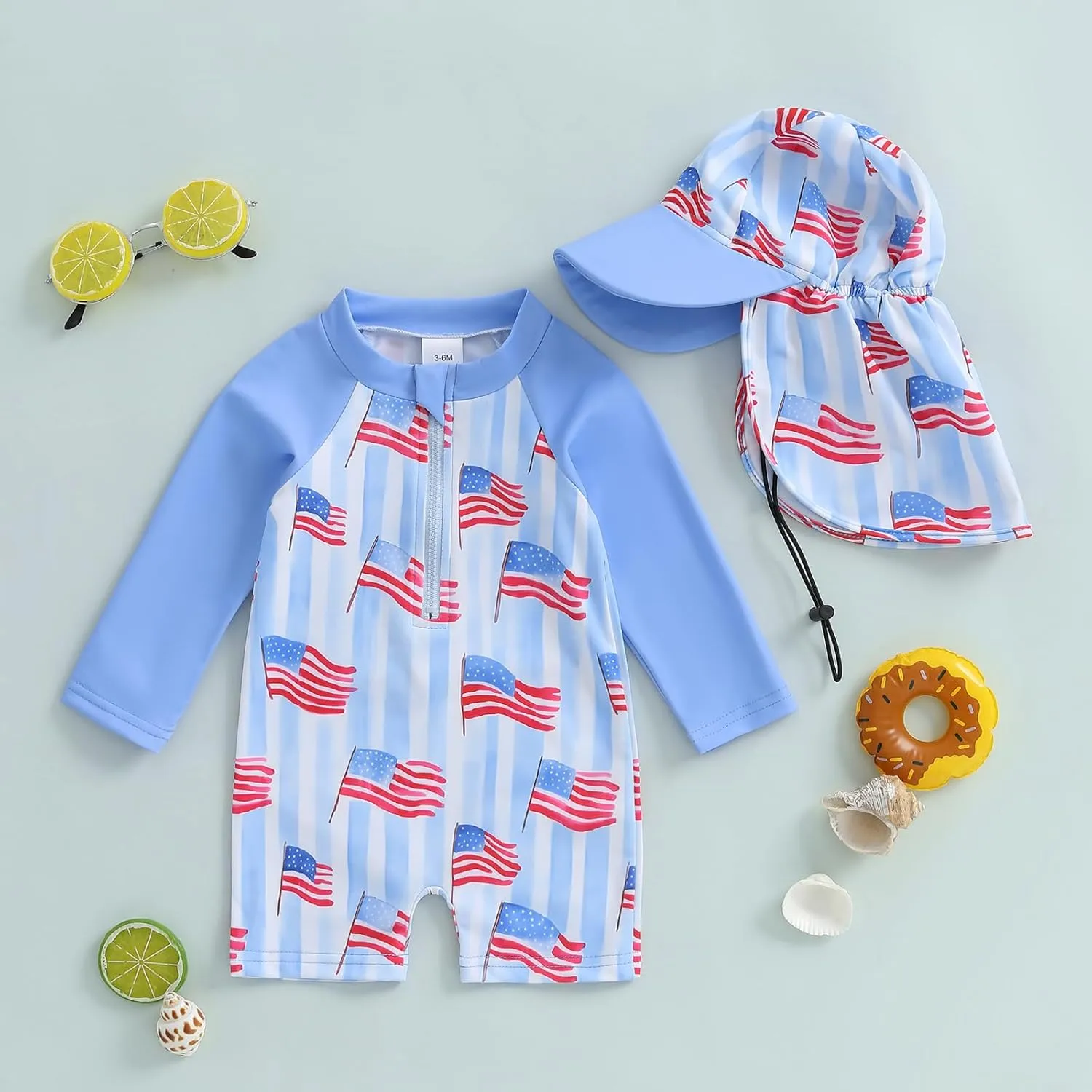 Toddler Infant Baby Boy 4th of July Swimsuit Newborn Rash Guard Boys Girls One Piece Zipper Bathing Suit Swimwear with Hat