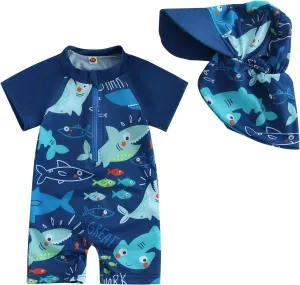 Toddler Infant Baby Boy 4th of July Swimsuit Newborn Rash Guard Boys Girls One Piece Zipper Bathing Suit Swimwear with Hat
